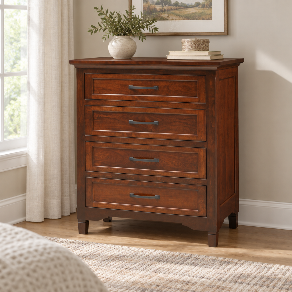 Amish Lexington 4-Drawer Chest of Drawers shown in the bedroom of a transitional home