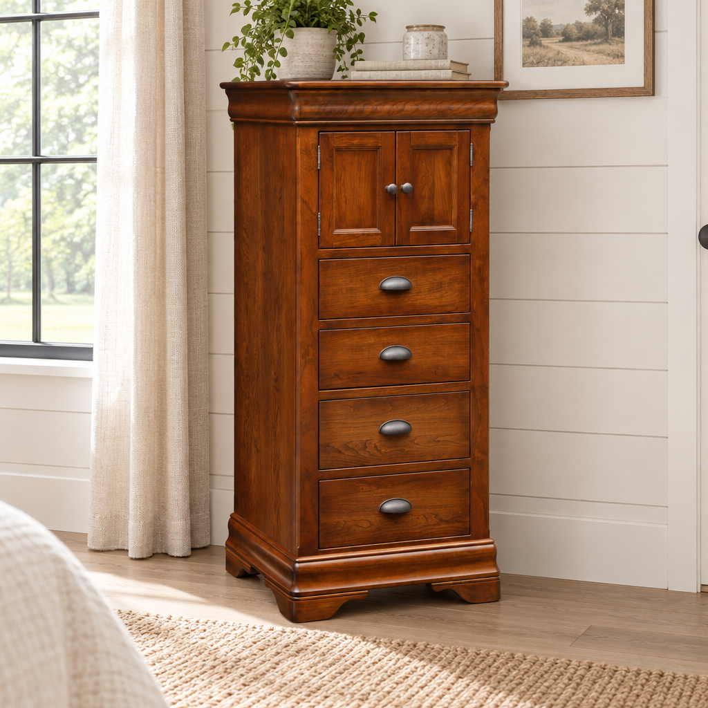 Amish Marseilles Sleigh Molding Lingerie Chest shown in the bedroom of a modern farmhouse home