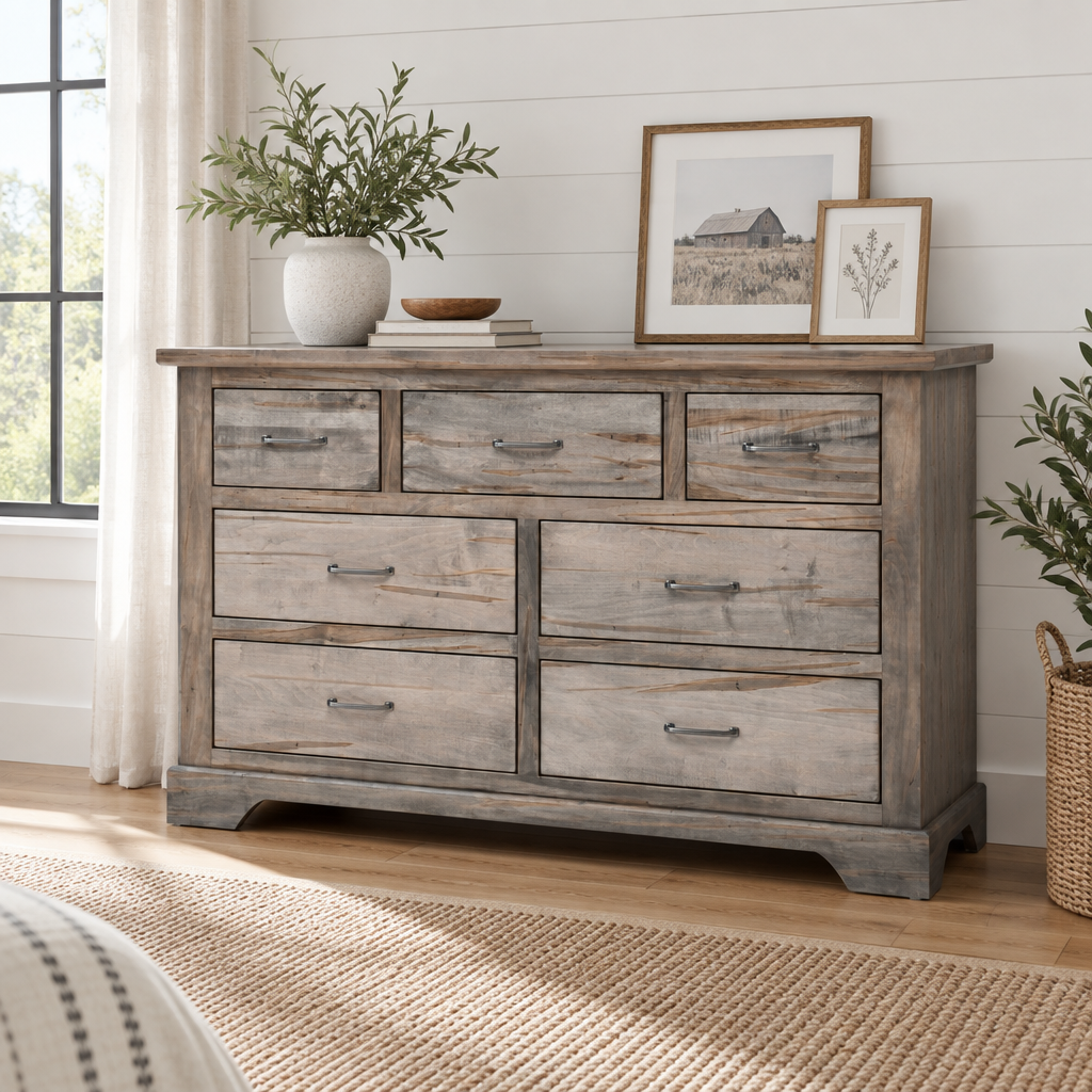 Amish Eastwood Reclaimed Wood Dresser 7 drawer shown in the bedroom of a modern farmhouse home