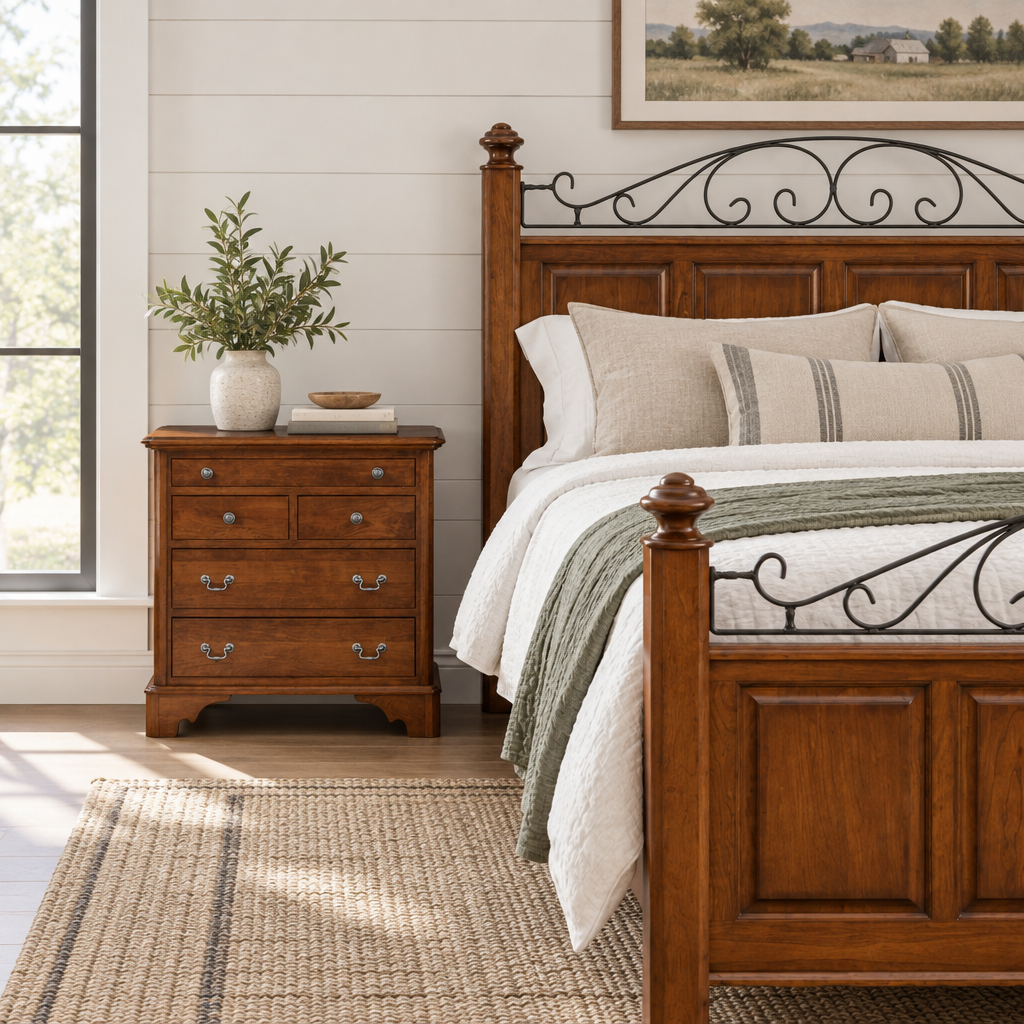 Amish Wellington Bedside Chest shown in the bedroom of a modern farmhouse home