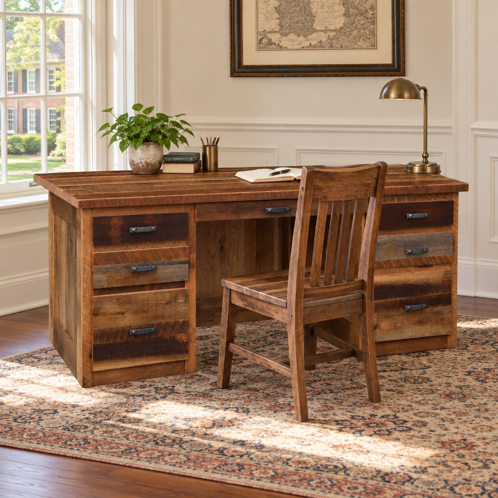 Amish Reclaimed Wood Kneehole Desk shown in the home office of a traditional colonial home
