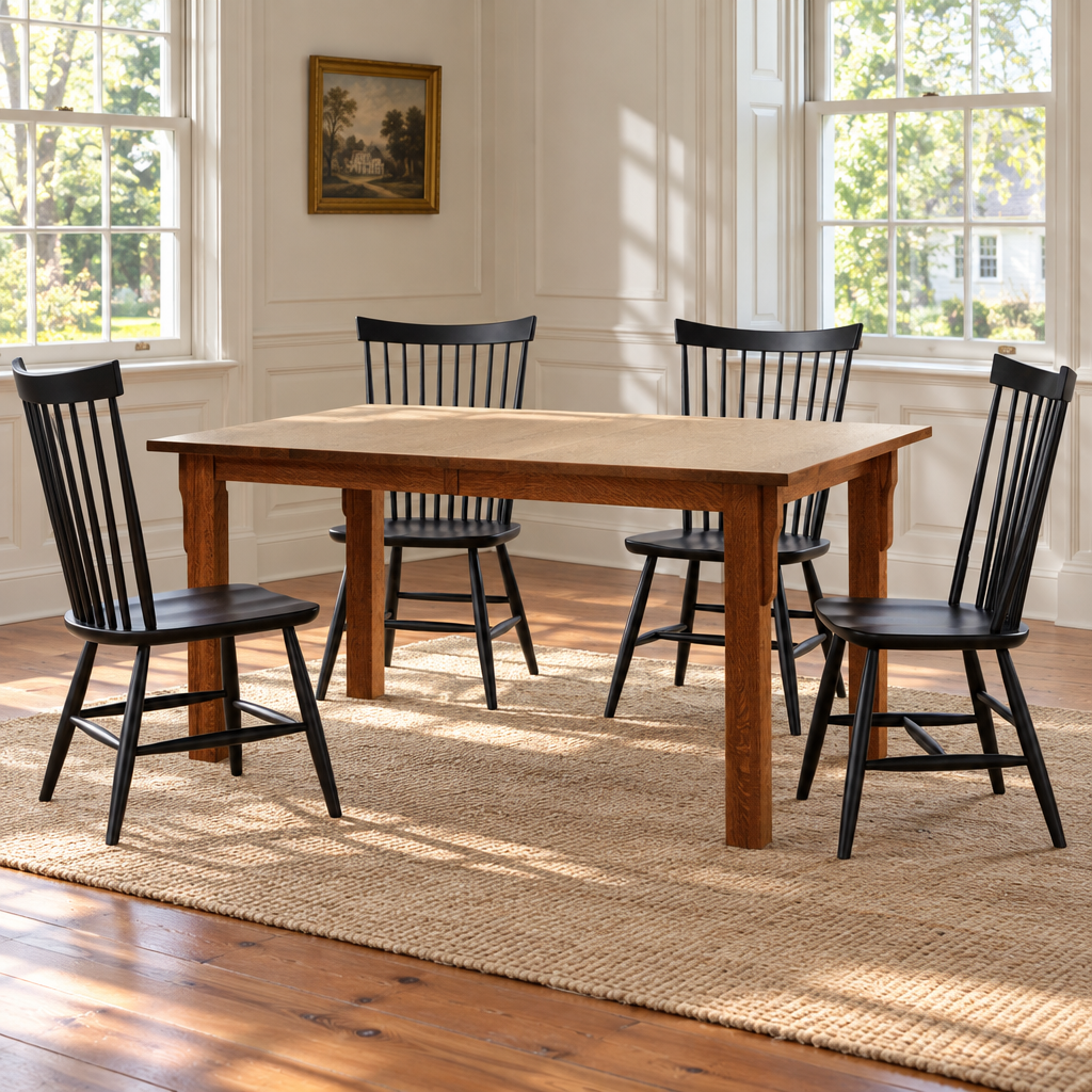 Amish Solid Wood Monrovia Mission Leg Table shown in the dining room of a traditional colonial home