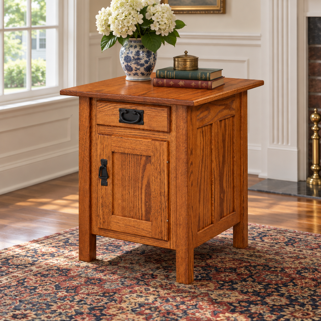 Amish Mission End Table with Door shown in the living room of a traditional colonial home