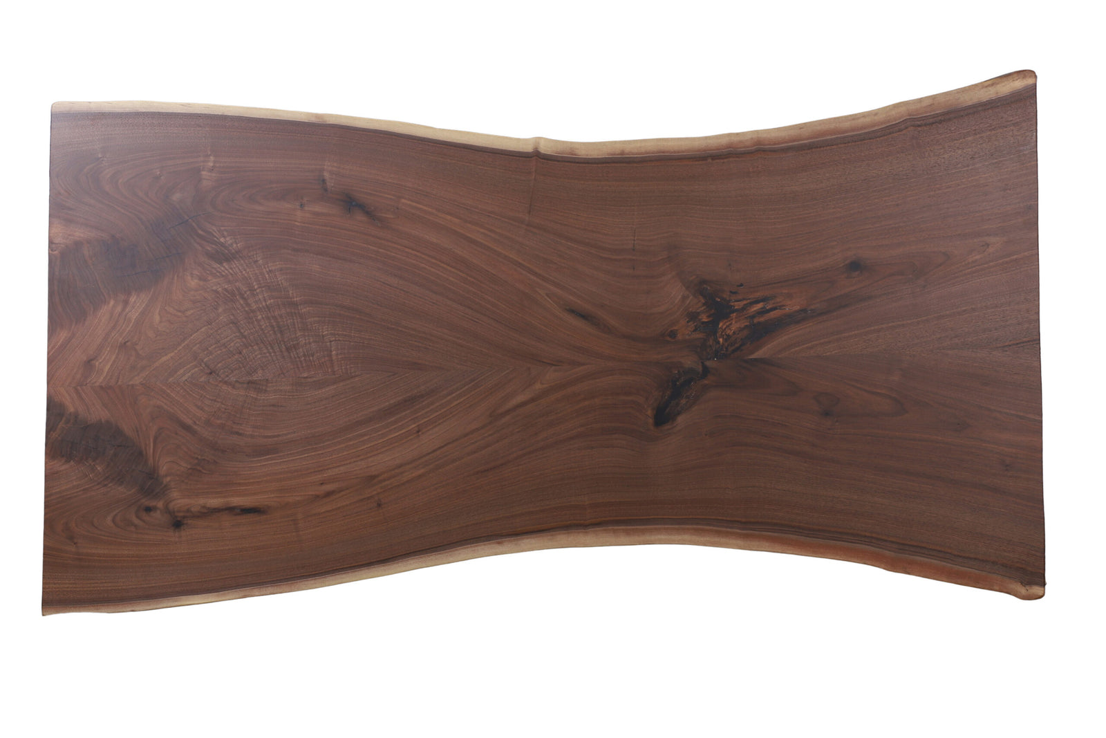 Book-matched walnut live edge dining table slab 84 inches long with mirrored grain