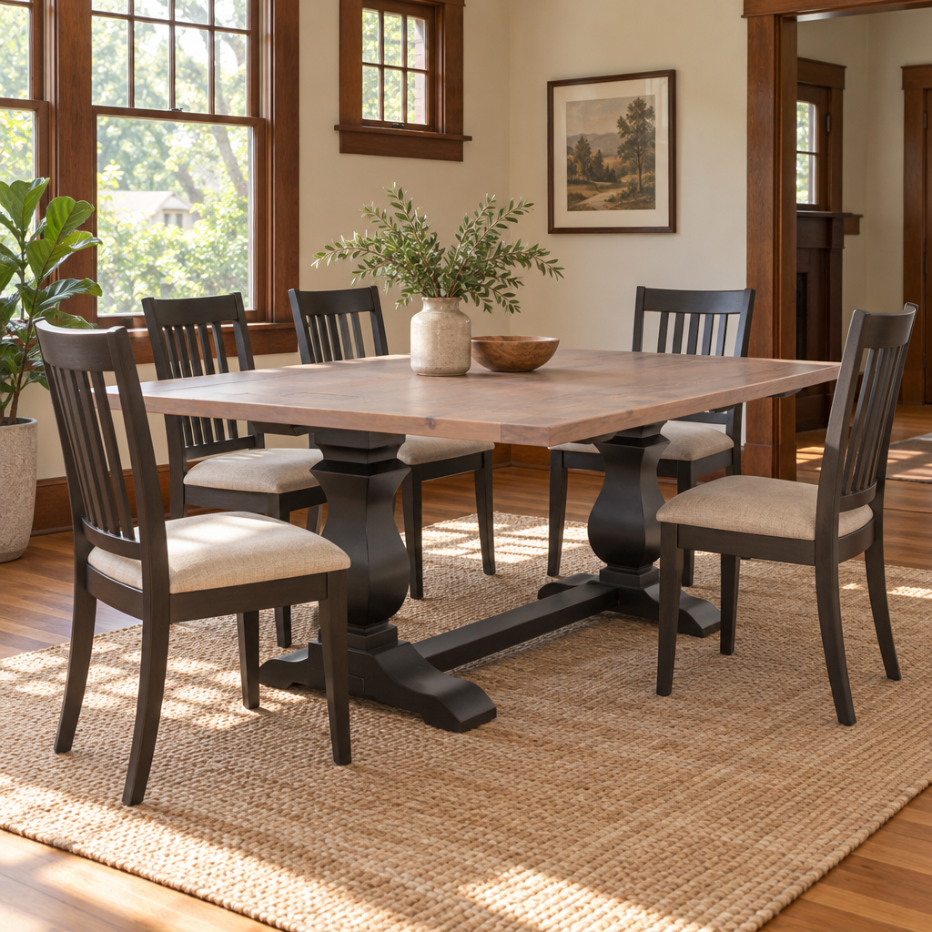 Amish Calistoga Dining Trestle Table shown in the dining room of a craftsman bungalow home