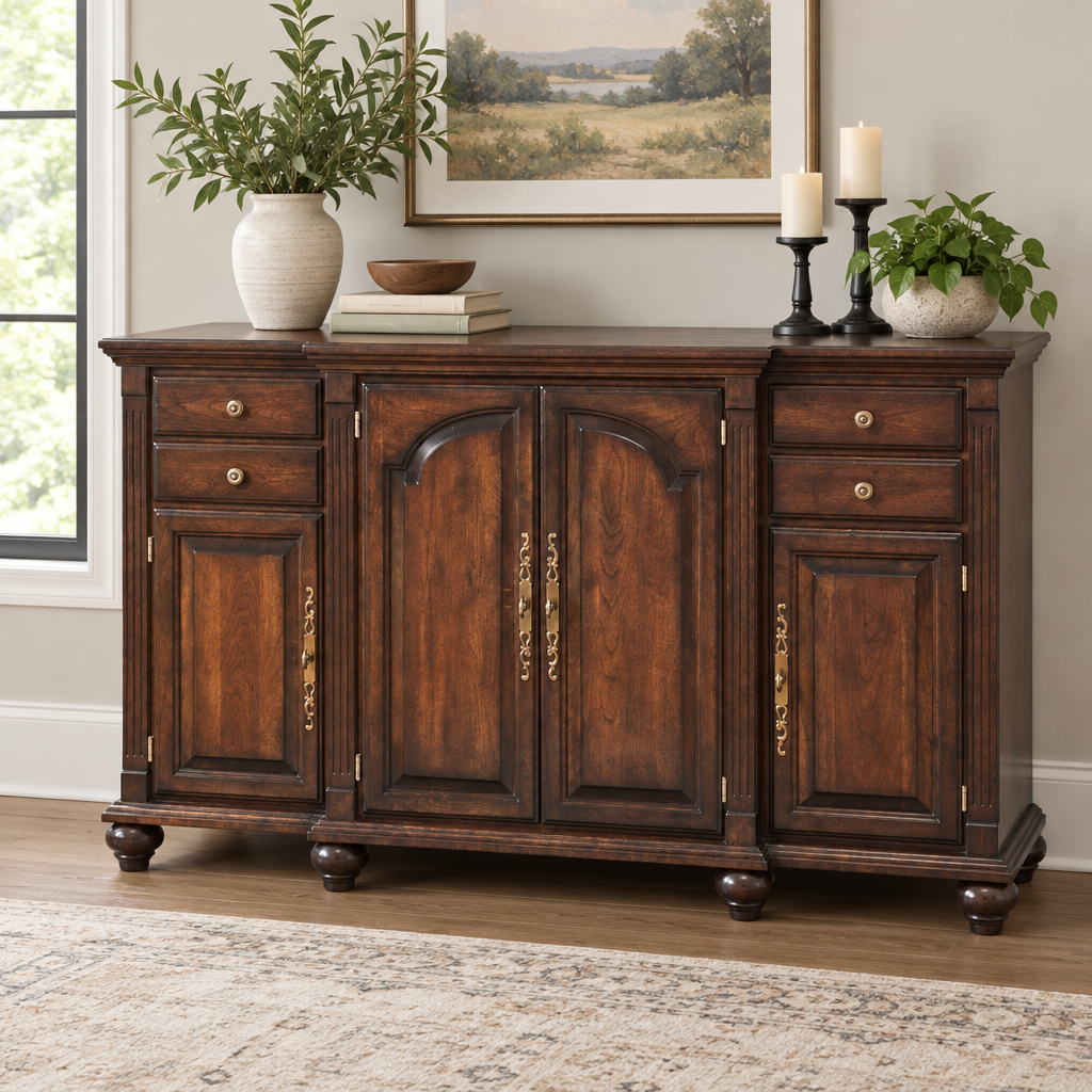 Amish Breakfront Dining Credenza shown in the dining room of a transitional home