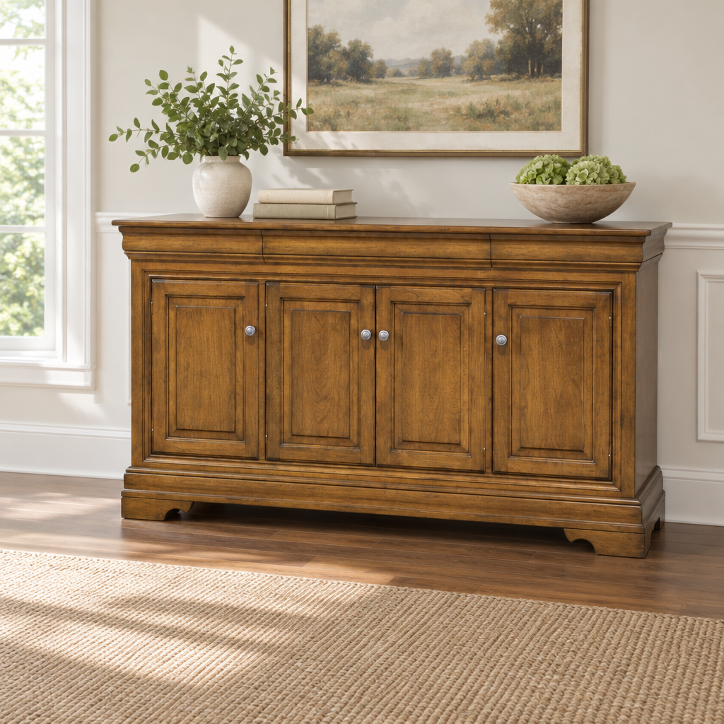 Amish Solid Wood New Albany Sideboard shown in the dining room of a transitional home