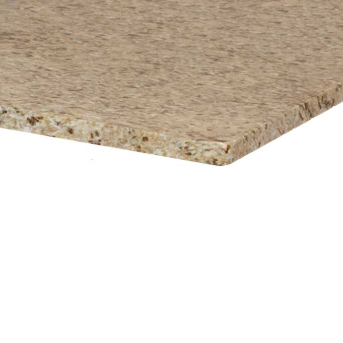 Corner sample of the 36" x 52" Granite kitchen island top: speckled tan granite surface with a softly rounded polished edge