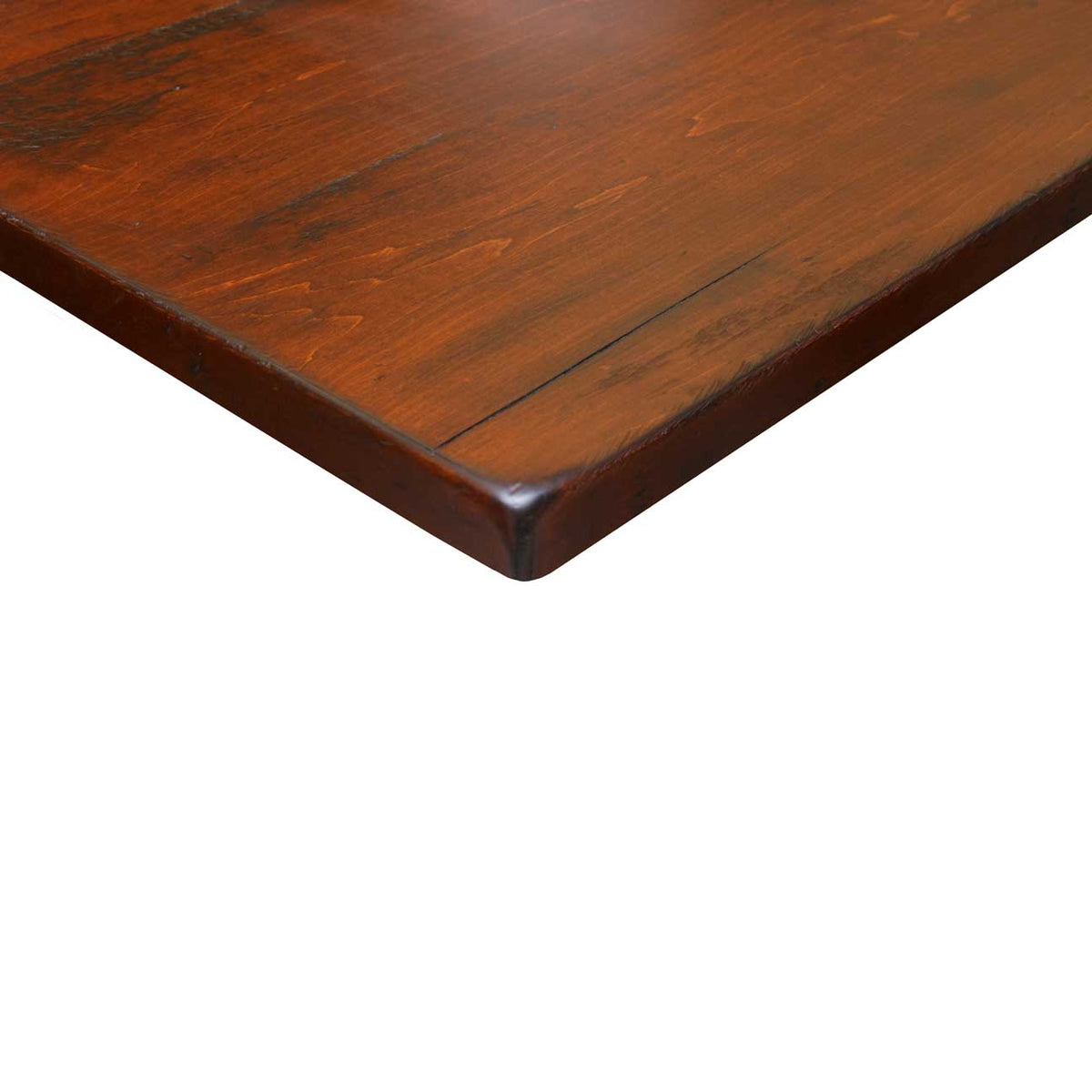 Corner detail of the 36" x 52" Hand Planed 1-1/4" Thick Plank kitchen island top: deep reddish brown hand planed plank surface with an eased edge