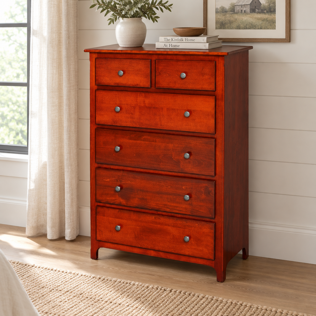 Plymouth Amish Solid Wood Chest of Drawers shown in the bedroom of a modern farmhouse home