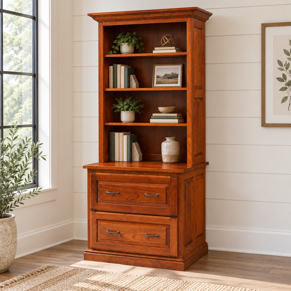Amish Office Pro Lateral File with Hutch shown in the home office of a modern farmhouse home