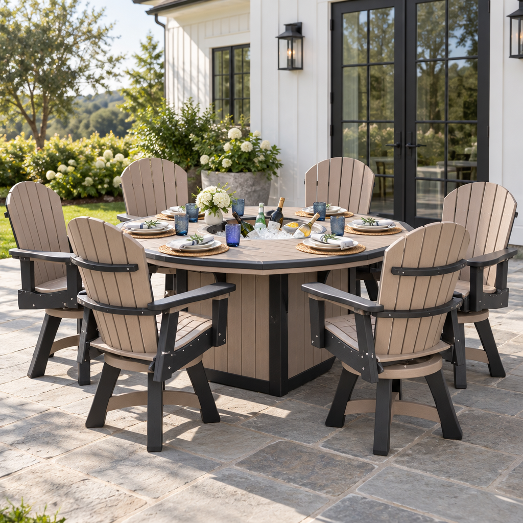 Amish Summerside Poly Patio Ice Bucket Dining Table shown in the back patio of a modern farmhouse home