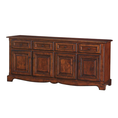 Four-door dining buffet in a rich cherry finish with four drawers, molded panels and curved skirt on white