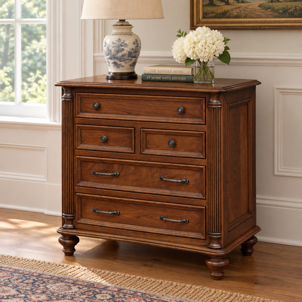 Amish Milano 5-Drawer Bedside Chest shown in the bedroom of a traditional colonial home