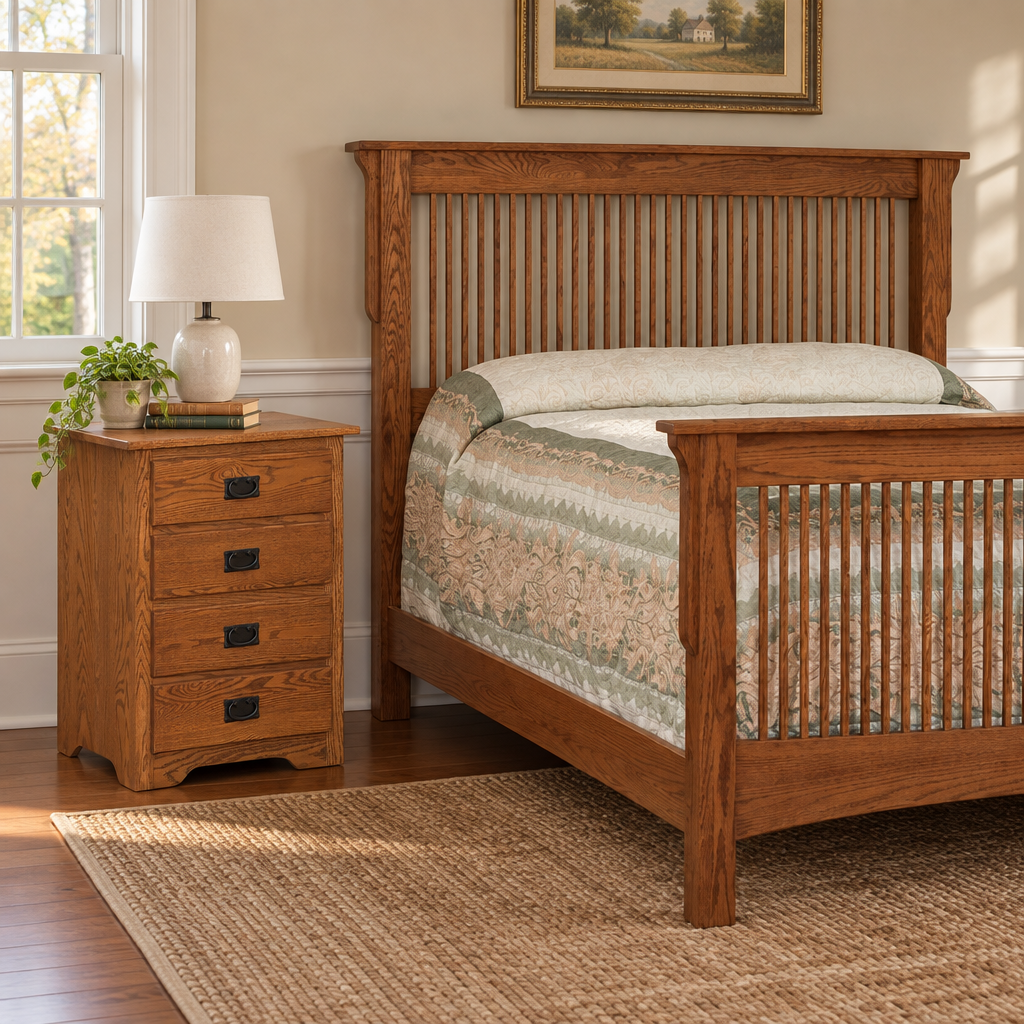 Mission Amish Solid Wood 4-Drawer Night Stand shown in the bedroom of a traditional colonial home