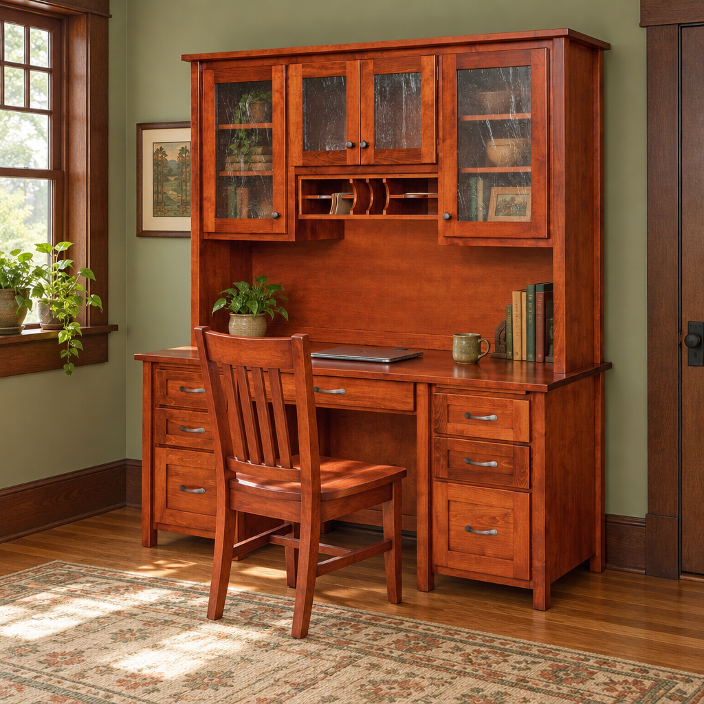 Amish Shelton Solid Wood Double Pedestal Desk shown in the home office of a craftsman bungalow home