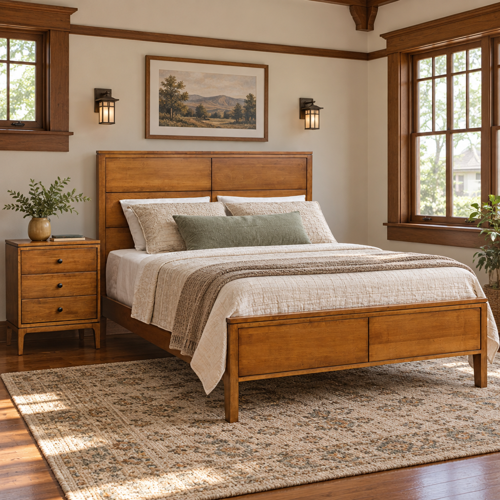 Amish Kiel Mid-Century Modern Solid Wood Panel Bed shown in the bedroom of a craftsman bungalow home