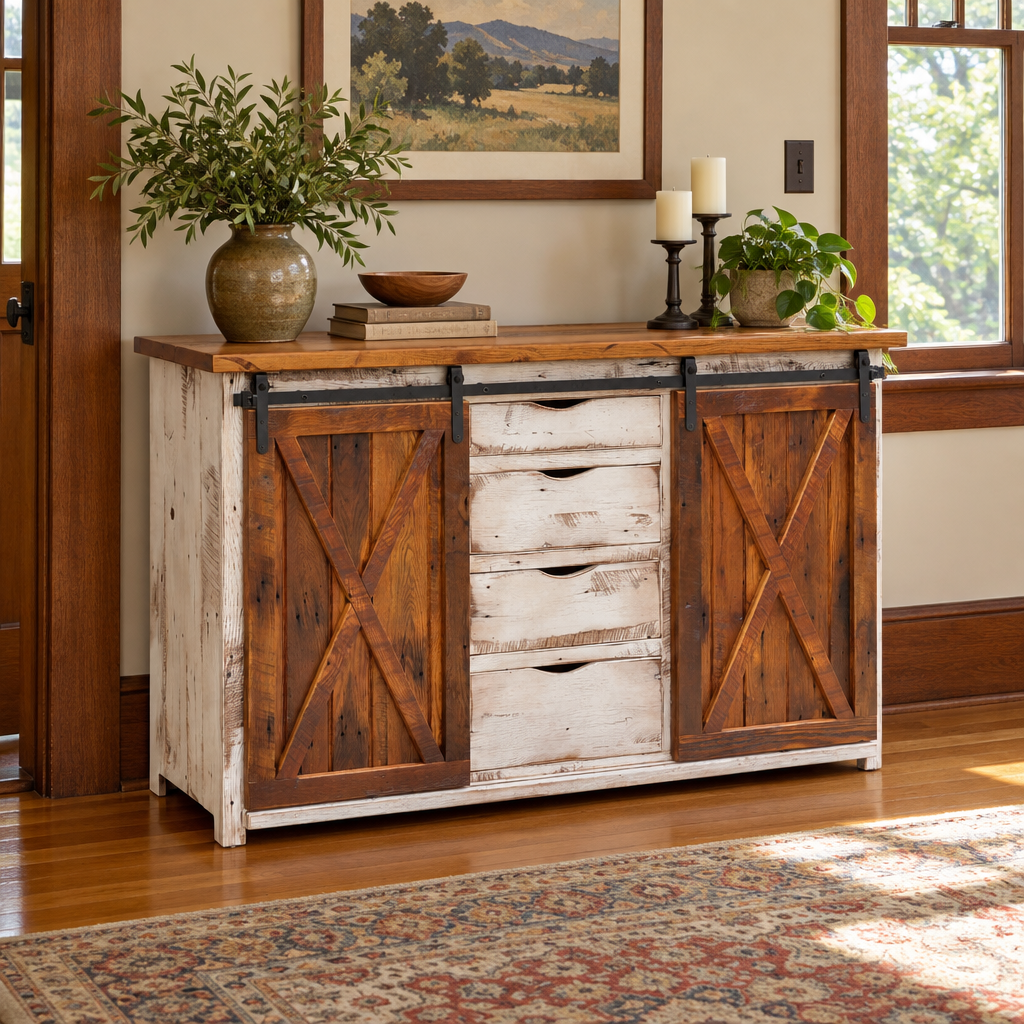 Amish Greenville Reclaimed Wood Buffet shown in the dining room of a craftsman bungalow home