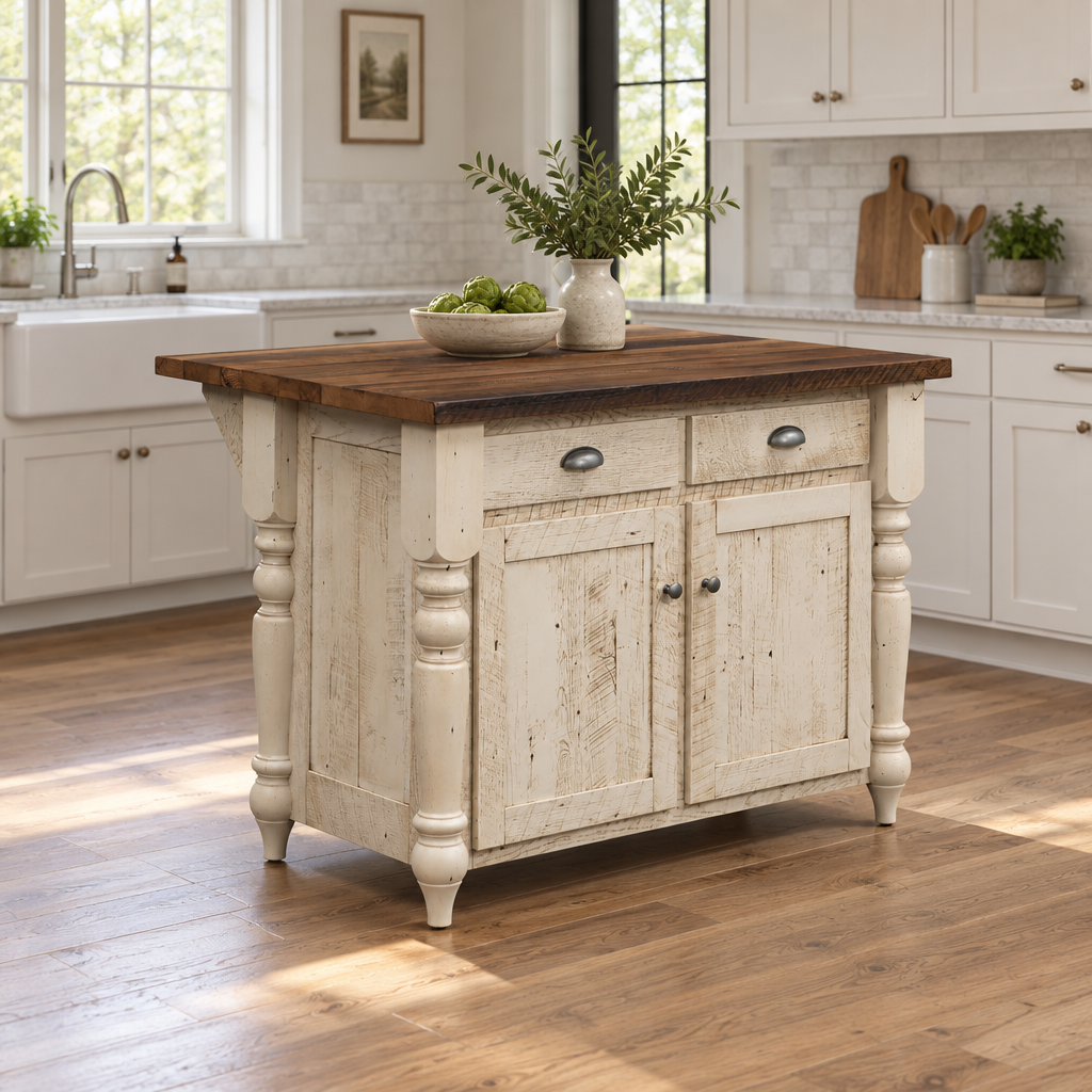 Amish 48" Strasburg Reclaimed Wood Island shown in the kitchen of a transitional home