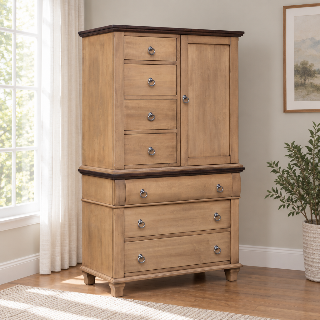Amish Avignon Door & Drawer Armoire shown in the bedroom of a transitional home