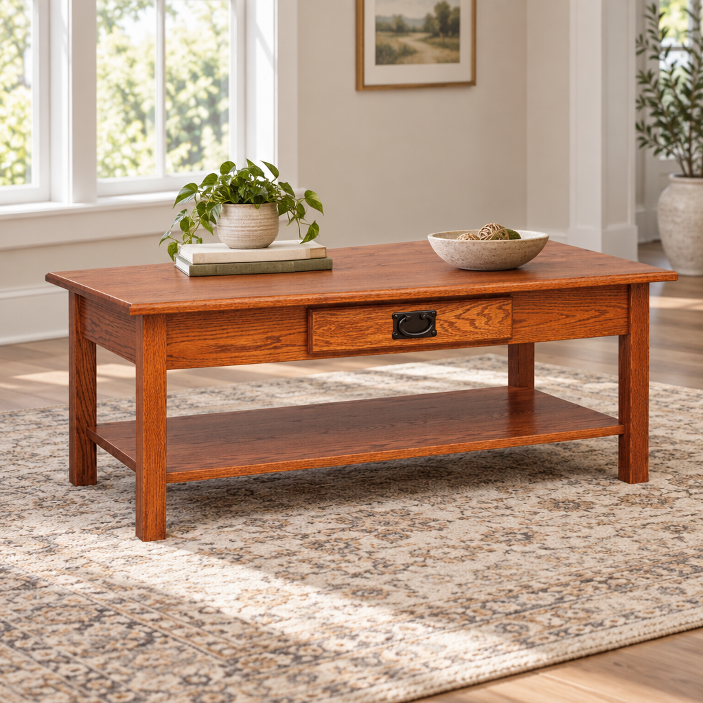 Amish Mission 46"Coffee Table shown in the living room of a transitional home