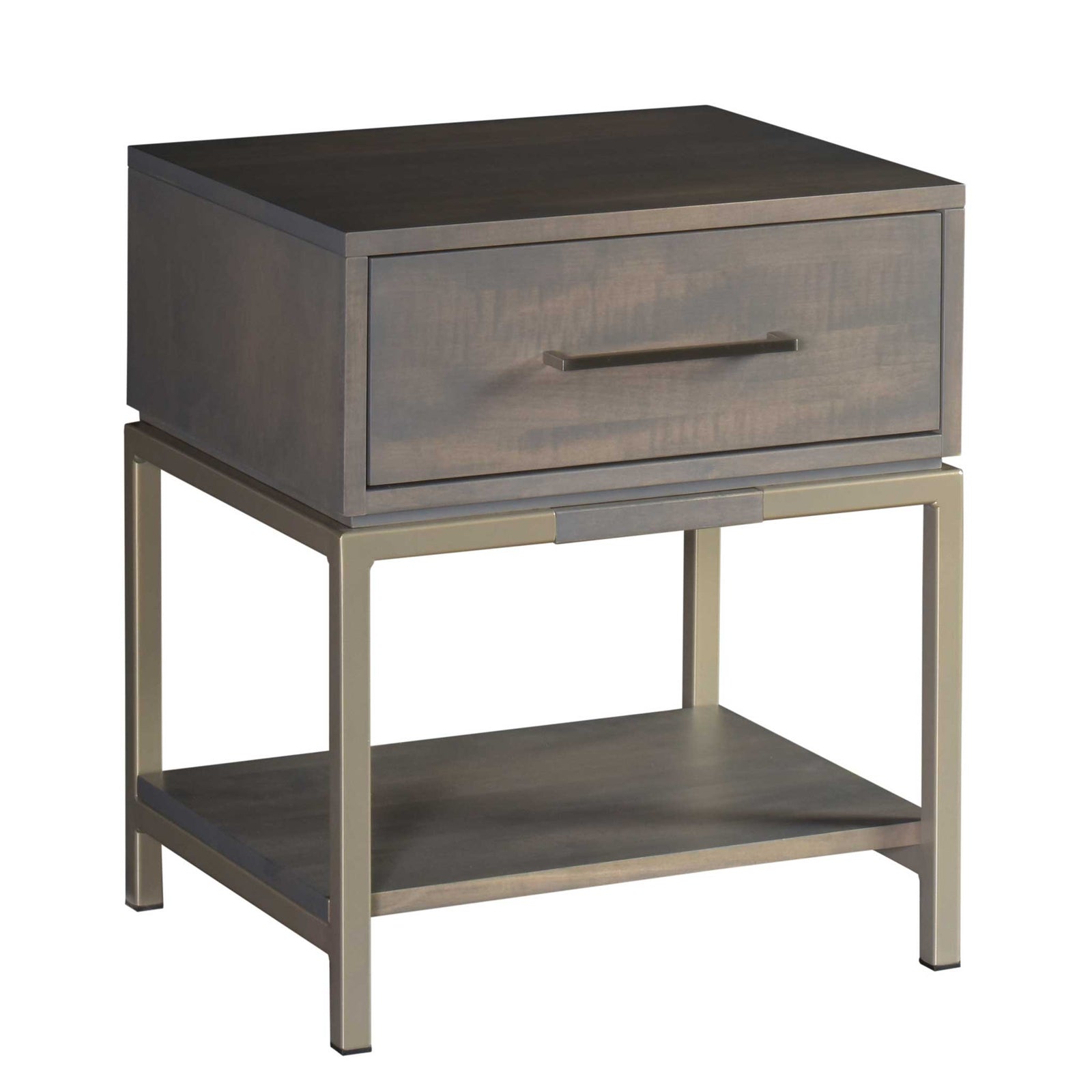 A modern open nightstand in brown maple with a white lamp on top, placed next to a bed with a white comforter. The nightstand has a drawer and a shelf, with the city skyline visible in the background.