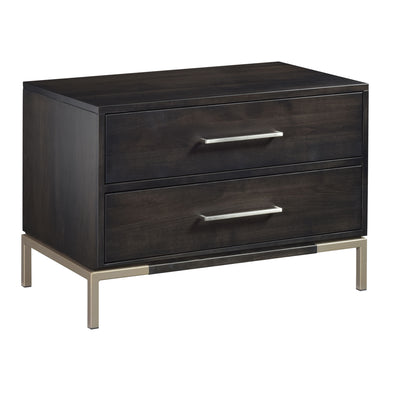 Two-drawer nightstand in dark charcoal wood with long brushed nickel bar pulls on a champagne metal base