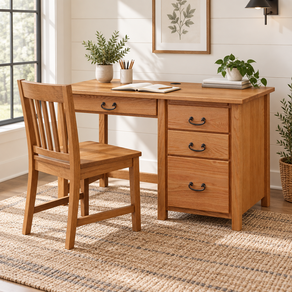 Amish Eshton Single Pedestal Desk shown in the home office of a modern farmhouse home