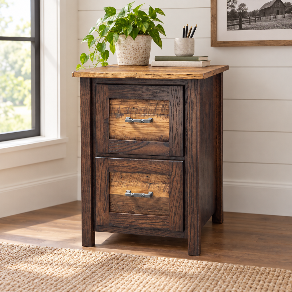 Amish Loft Reclaimed Wood File Cabinet shown in the home office of a modern farmhouse home