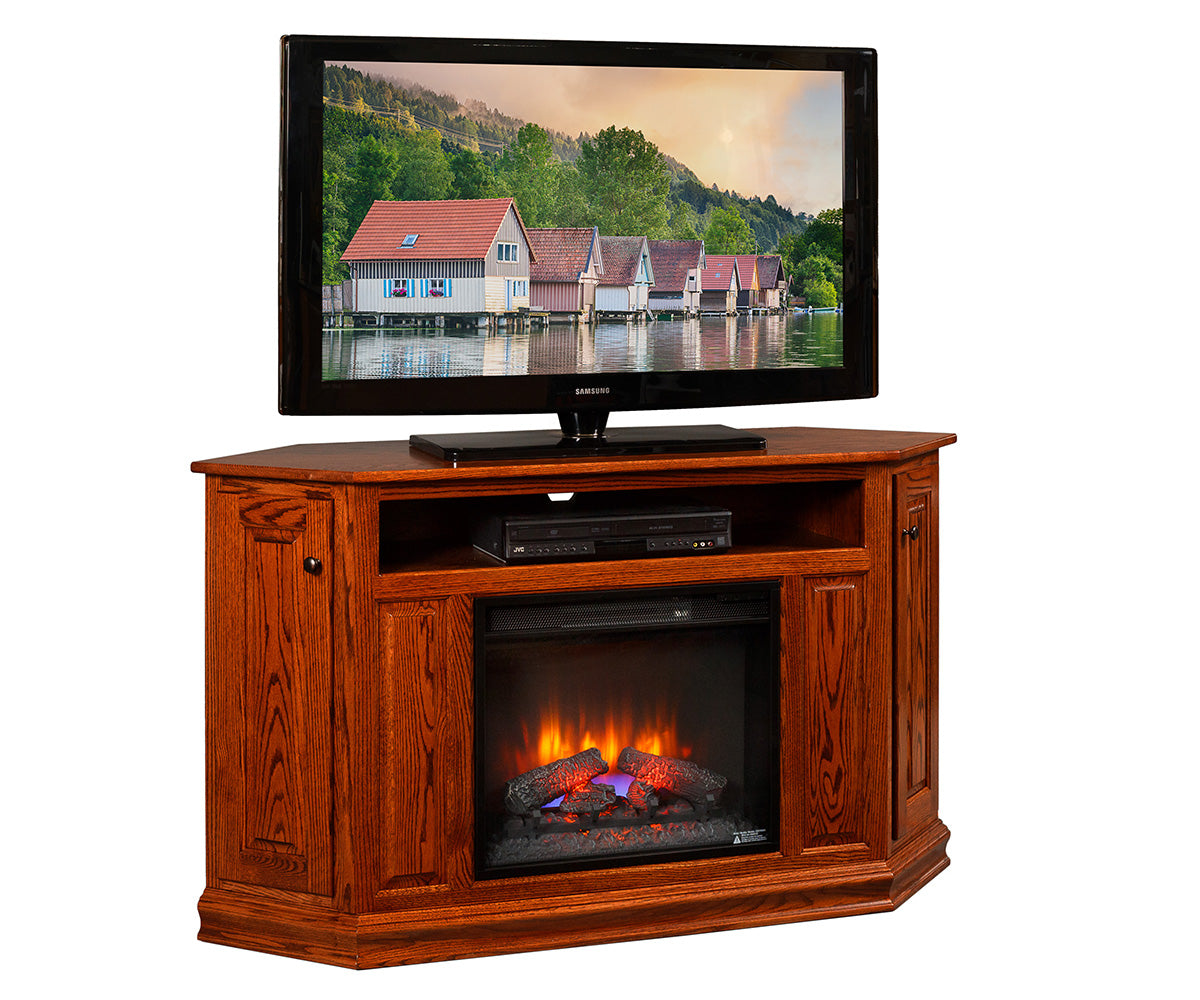 Wooden TV stand with electric fireplace and TV displaying a scenic view.