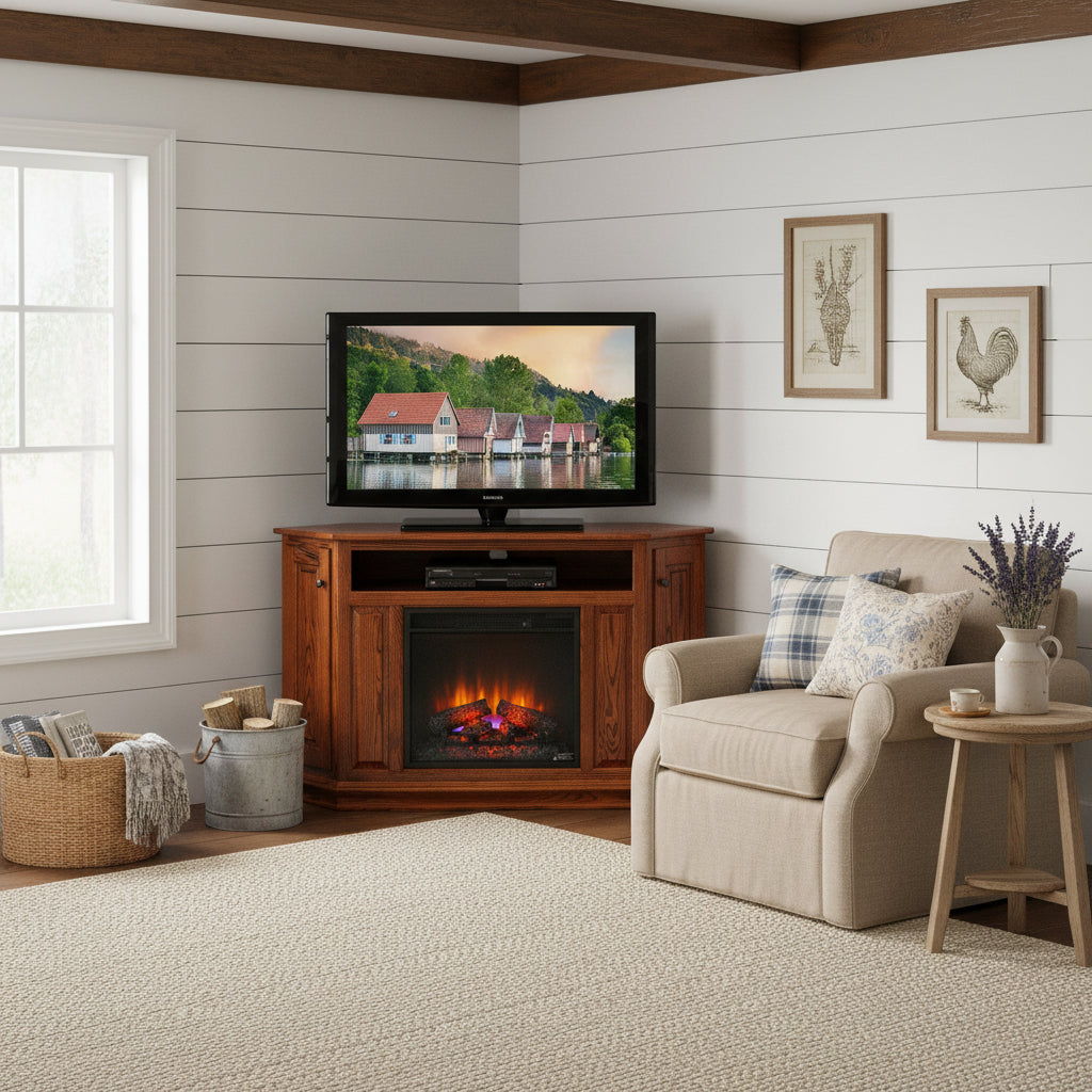 Wooden TV stand with electric fireplace and TV displaying a scenic view.