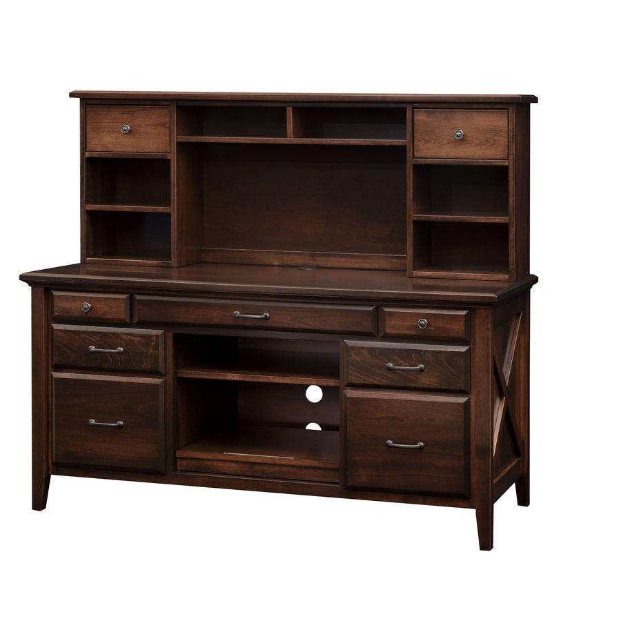 Large computer credenza with hutch in dark brown wood, five drawers, open printer bay and X side panels