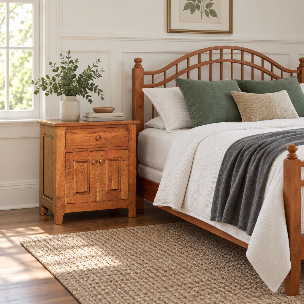 Amish Shaker Windsor Night Table shown in the bedroom of a traditional colonial home