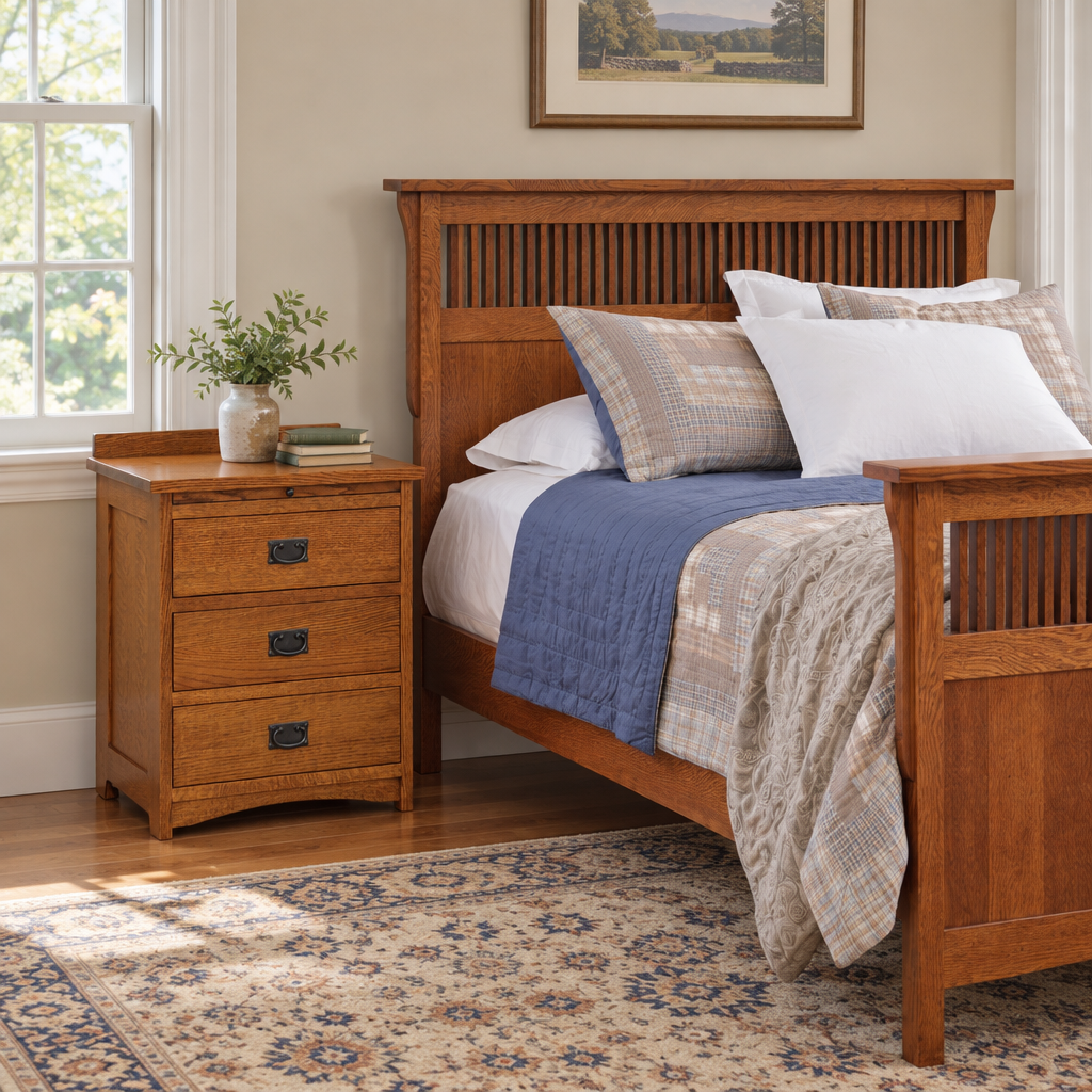 Amish Solid Wood Spanish Mission 3-Drawer Nightstand with Pullout shown in the bedroom of a traditional colonial home