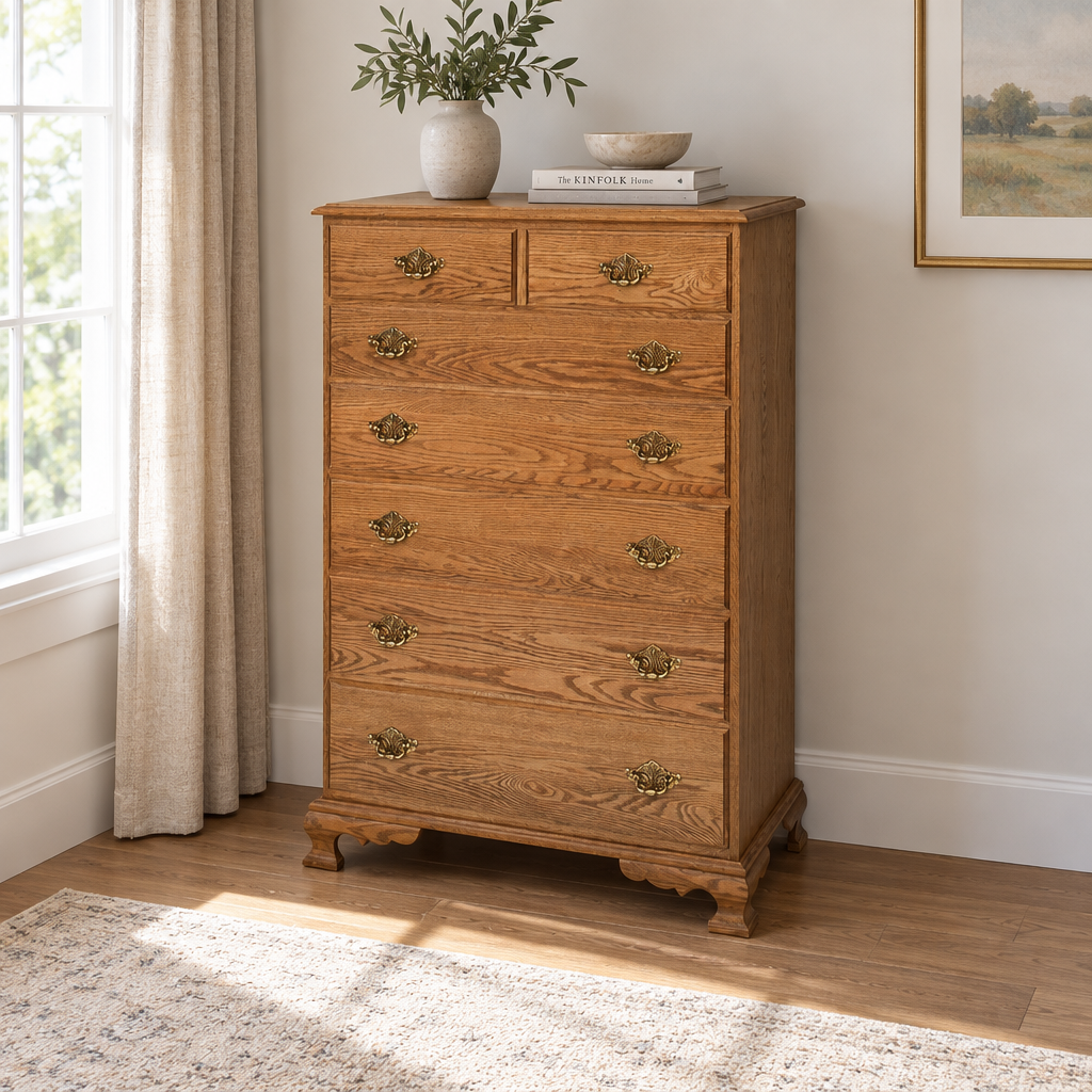 Amish Jamestown Colonial Chest of Drawers shown in the bedroom of a transitional home