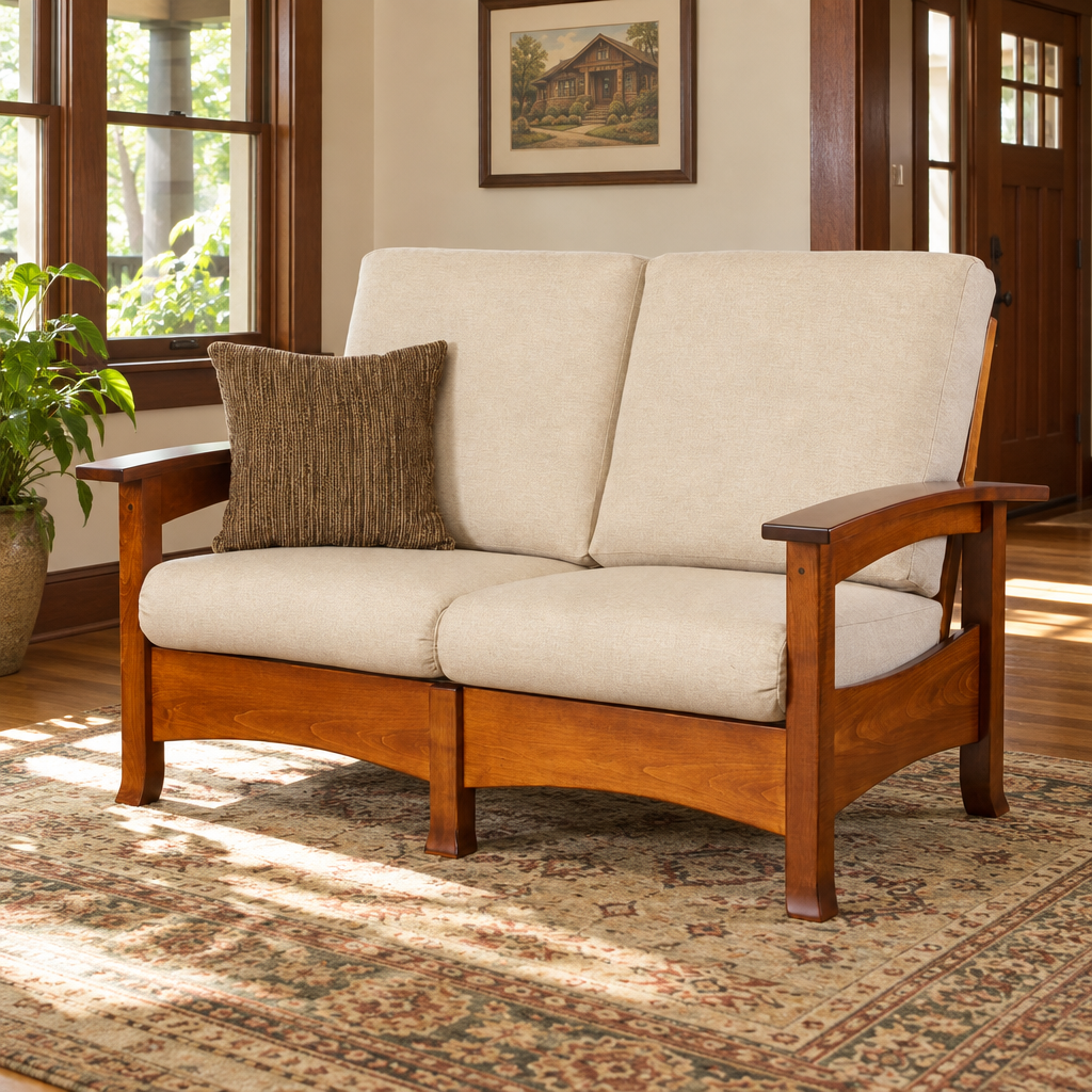 Amish Breezy Point Morris Loveseat shown in the living room of a craftsman bungalow home