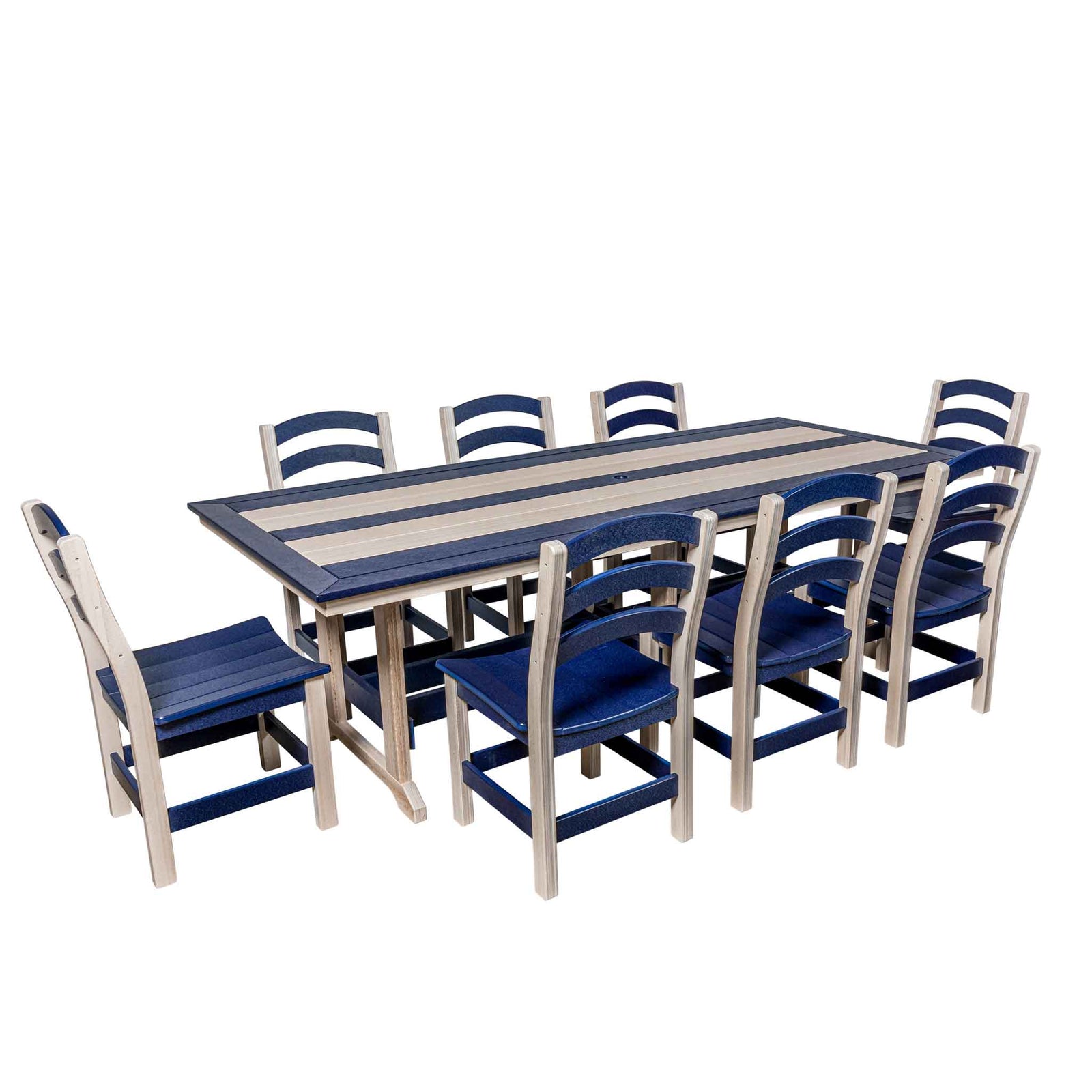 An outdoor dining set with a rectangular polyethylene dining table in blue and white stripes, accompanied by six chairs with blue and white striped cushions, and a thatched umbrella. The set is displayed on a white background.