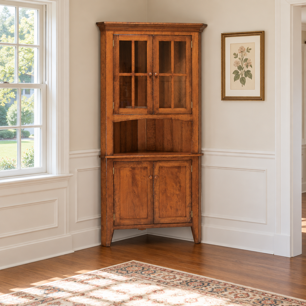 Amish Solid Wood Biltmore China Corner Hutch shown in the dining room of a traditional colonial home