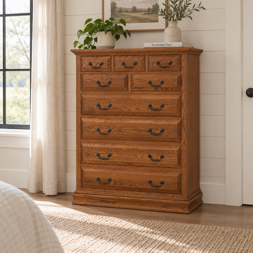 Amish Eden Royal Large Chest of Drawers shown in the bedroom of a modern farmhouse home