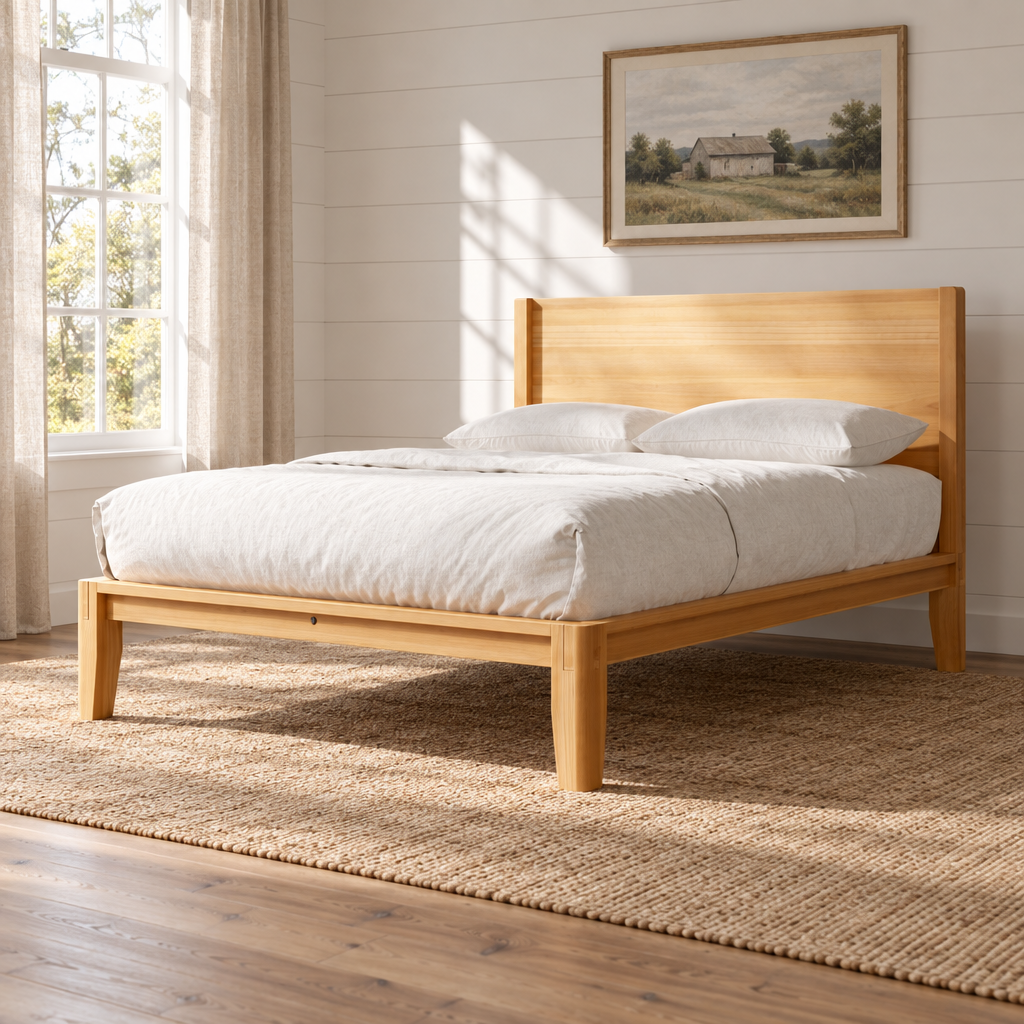 Queen Size Holin Amish Platform Bed shown in the bedroom of a modern farmhouse home