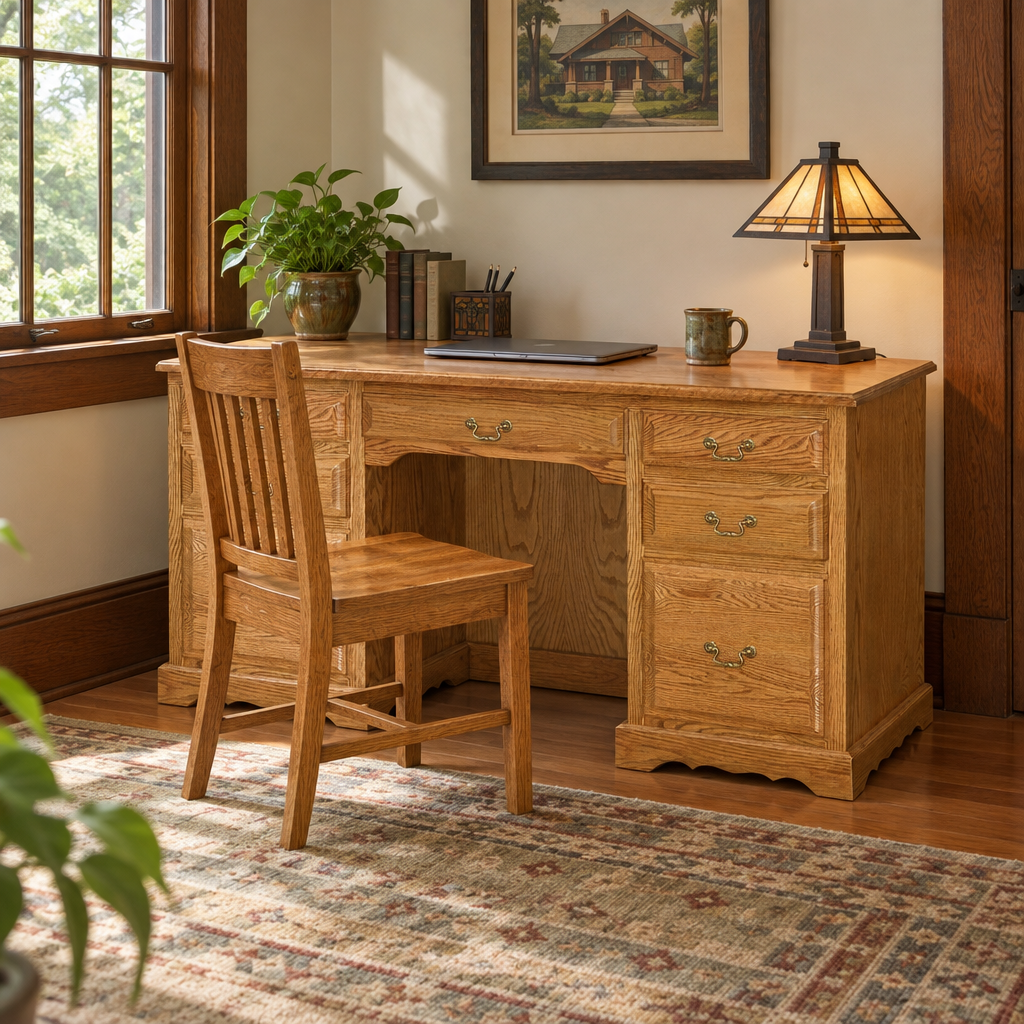 Amish Eden 62" Solid Wood Writing Desk shown in the home office of a craftsman bungalow home