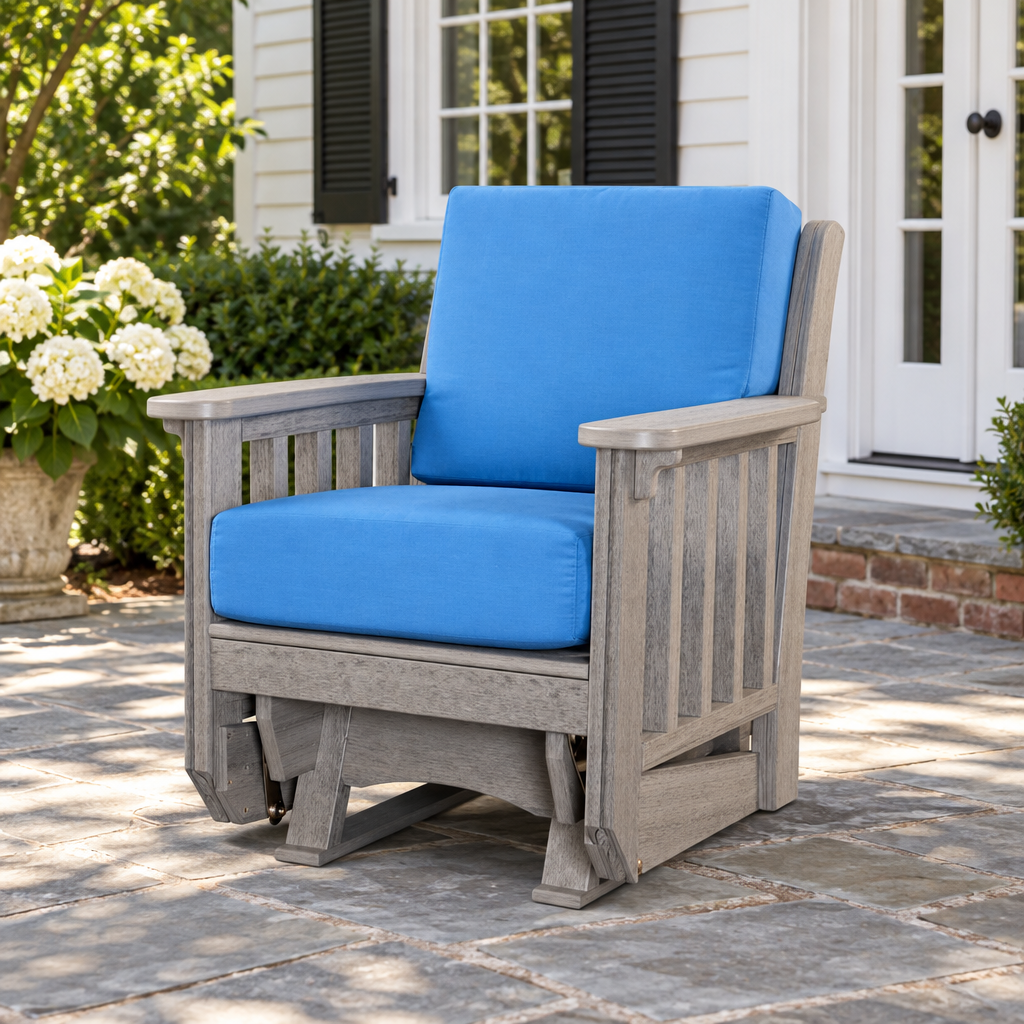 Amish Mission Patio Cushion Glider Chair shown in the back patio of a traditional colonial home