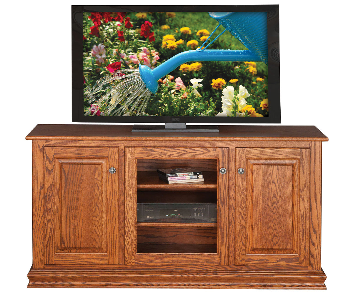 Wooden TV stand with a television displaying a garden scene on a white background