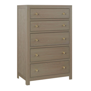 Five drawer chest of drawers in a gray brown washed oak with brass ball knobs and clean square framed sides