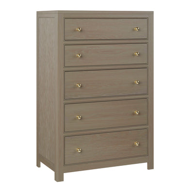 Five drawer chest of drawers in a gray brown washed oak with brass ball knobs and clean square framed sides