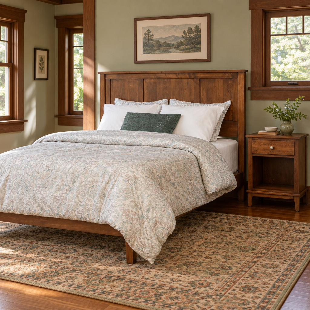 Amish Wynmoor Panel Low Footboard Bed shown in the bedroom of a craftsman bungalow home