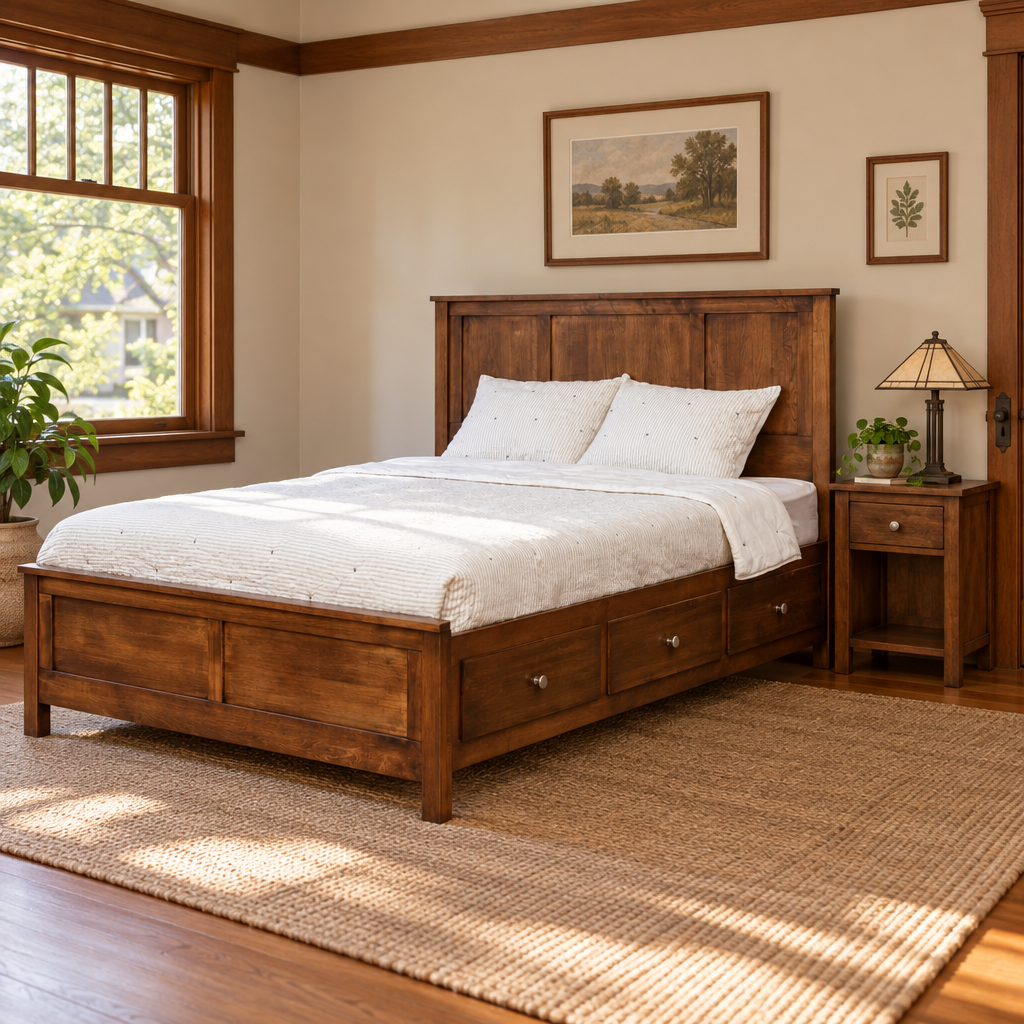 Amish Wynmoor Panel Low Footboard Captain Storage Bed with Drawers shown in the bedroom of a craftsman bungalow home