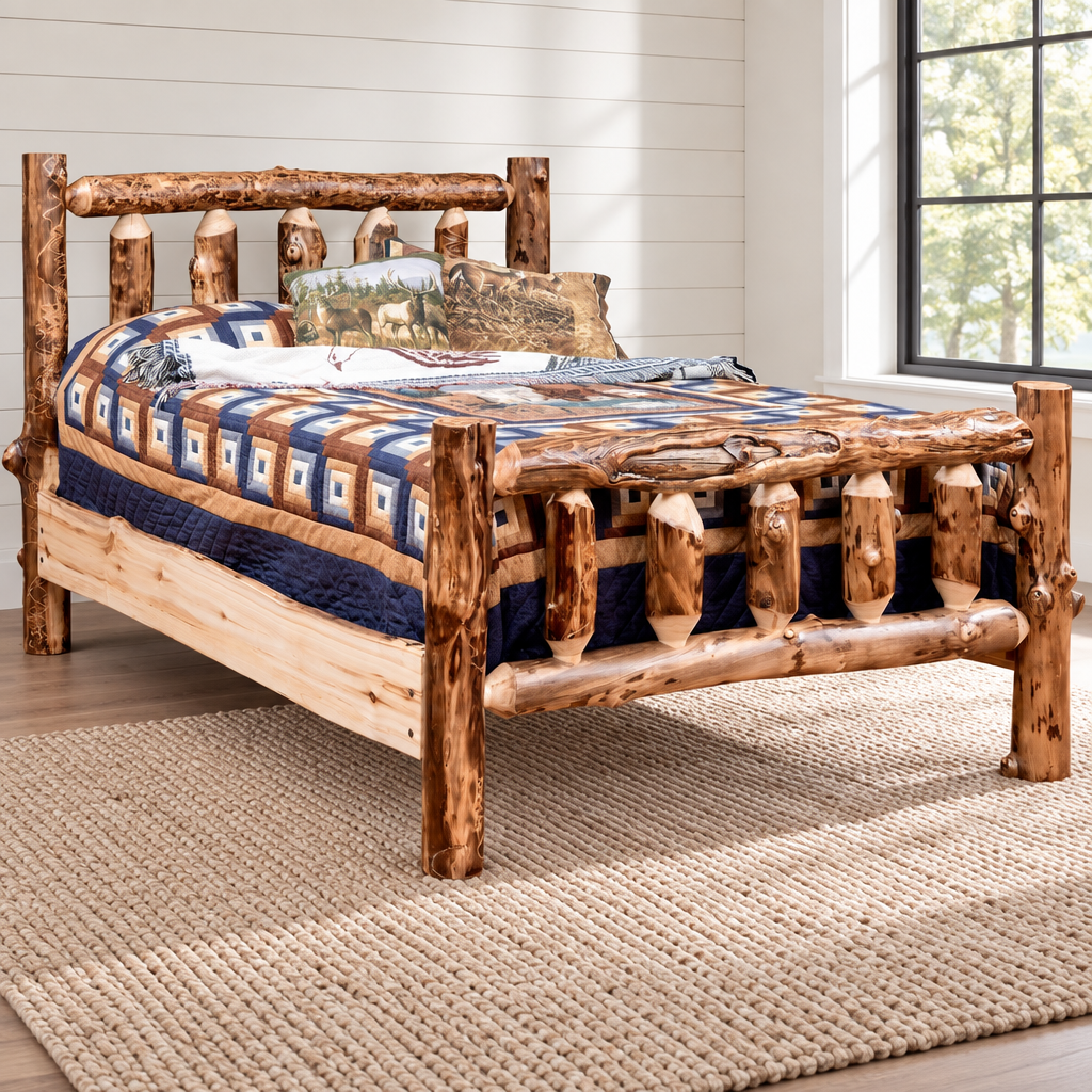 Amish Bighorn Aspen Log 5pc Bedroom Set shown in the bedroom of a modern farmhouse home