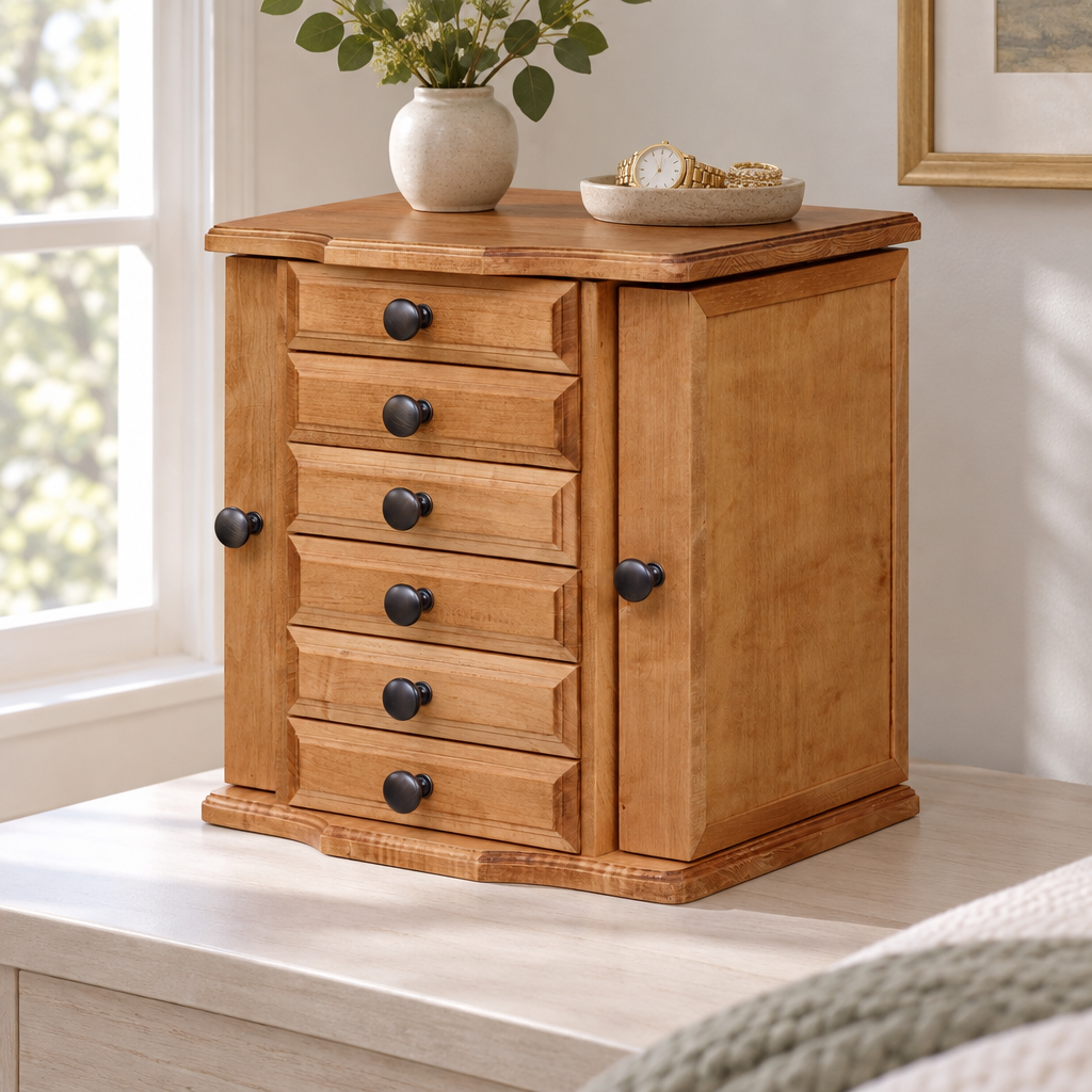 Amish Traditional Solid Wood 5-Drawer Jewelry Chest shown in the bedroom of a transitional home