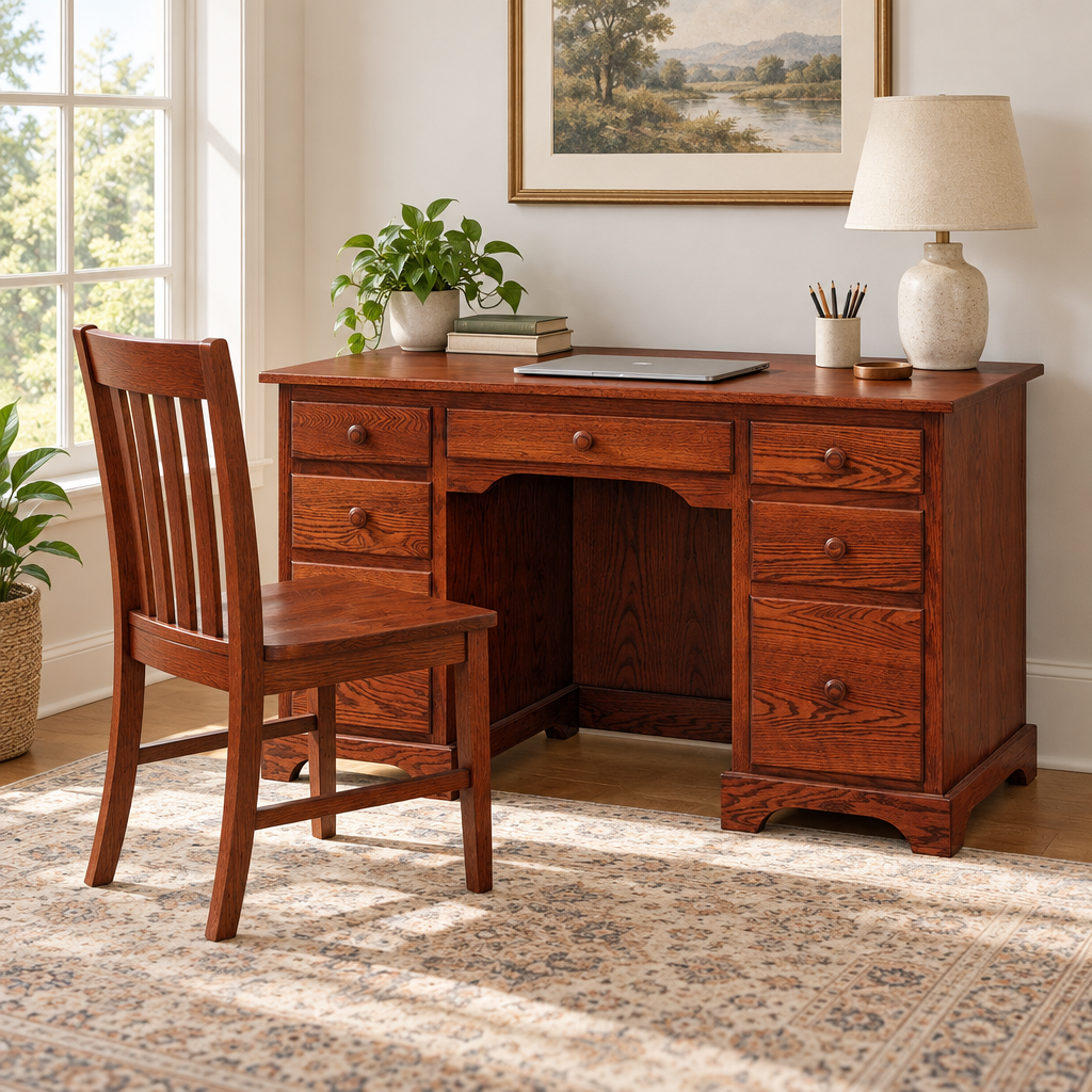 Amish Shaker 62" Flattop Desk shown in the home office of a transitional home